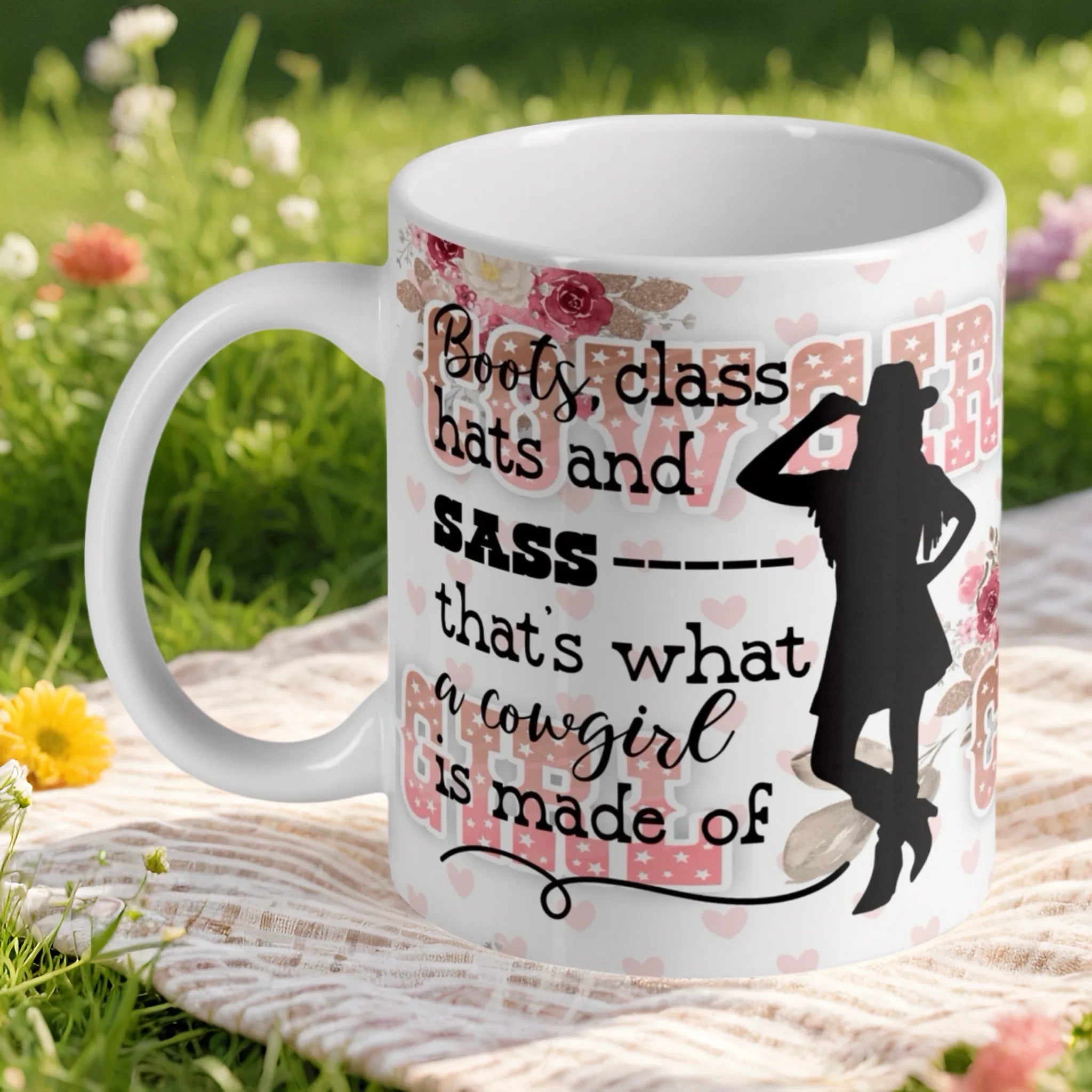 'Boots, Class, Hats & Sass' cowgirl ceramic mug by Laser Design Creations, featuring an empowering quote.