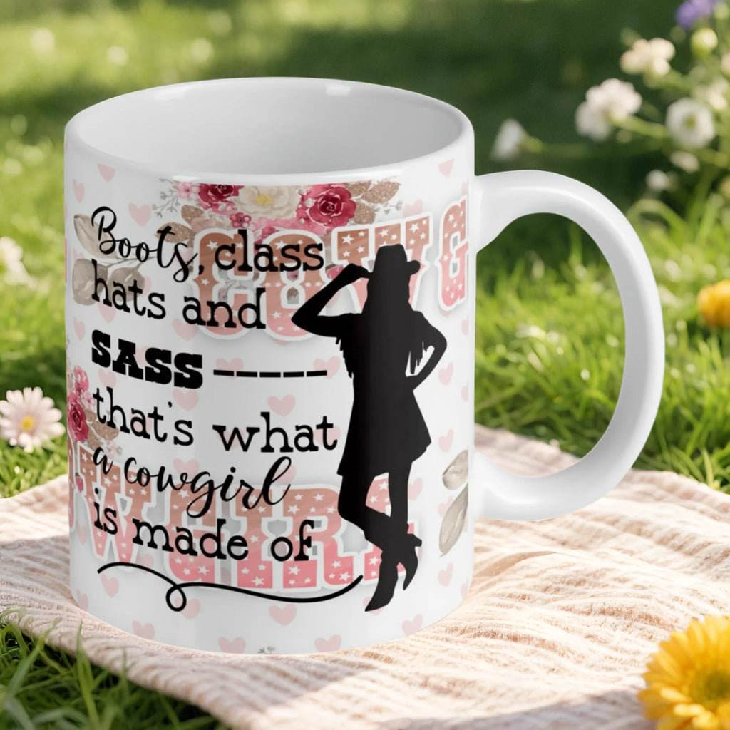 Reverse side of the 'Boots, Class, Hats & Sass' cowgirl ceramic mug, showcasing the wrap-around artwork by Laser Design Creations.