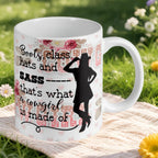 Reverse side of the 'Boots, Class, Hats & Sass' cowgirl ceramic mug, showcasing the wrap-around artwork by Laser Design Creations.