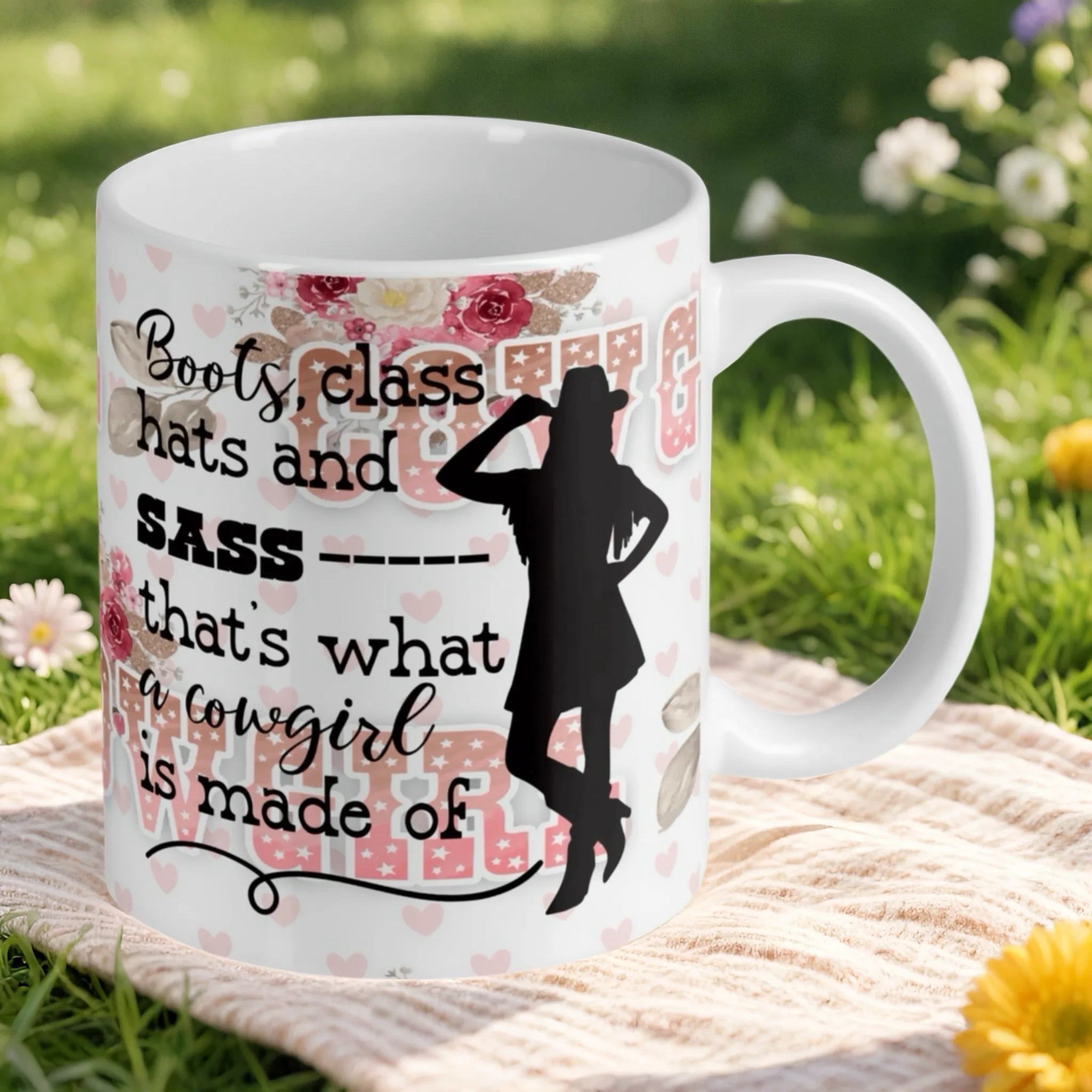 Reverse side of the 'Boots, Class, Hats & Sass' cowgirl ceramic mug, showcasing the wrap-around artwork by Laser Design Creations.