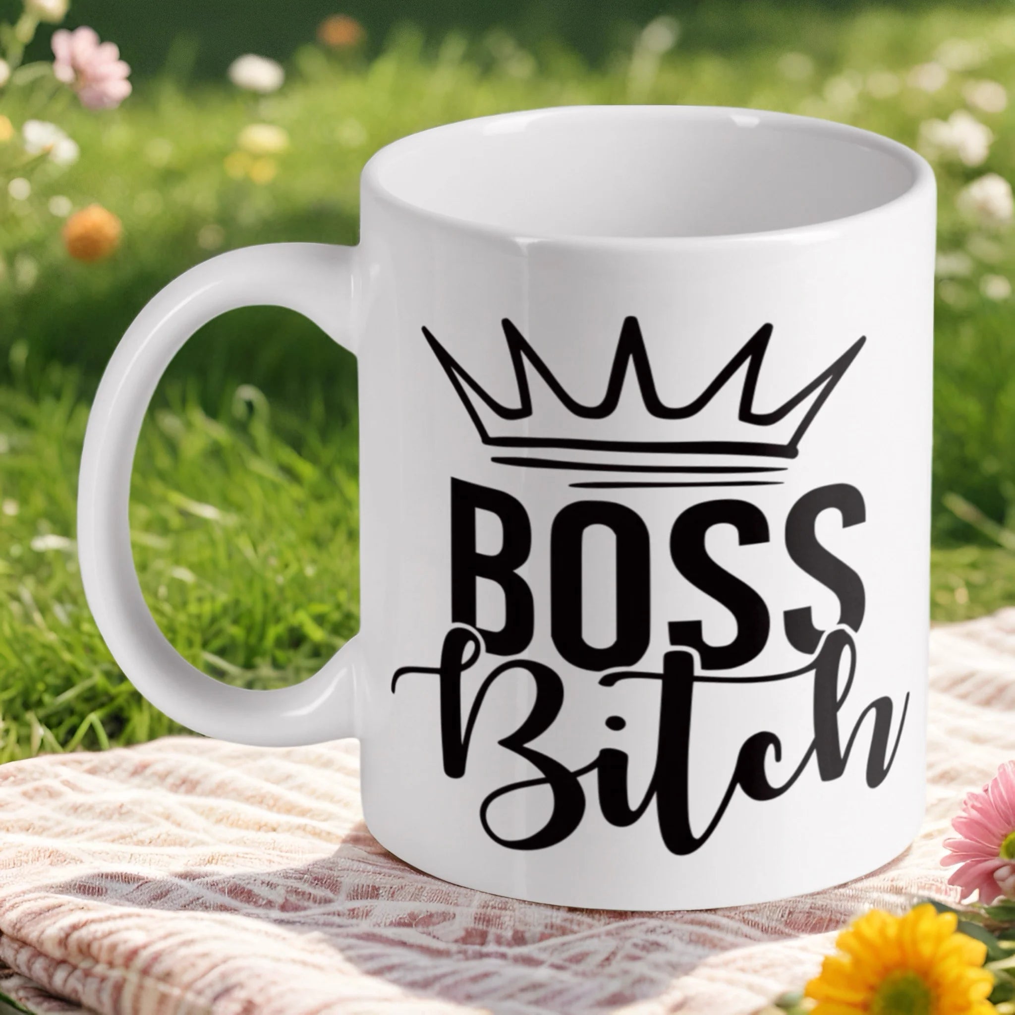'Boss Bitch' with Crown ceramic mug by Laser Design Creations, featuring an empowering and funny quote.