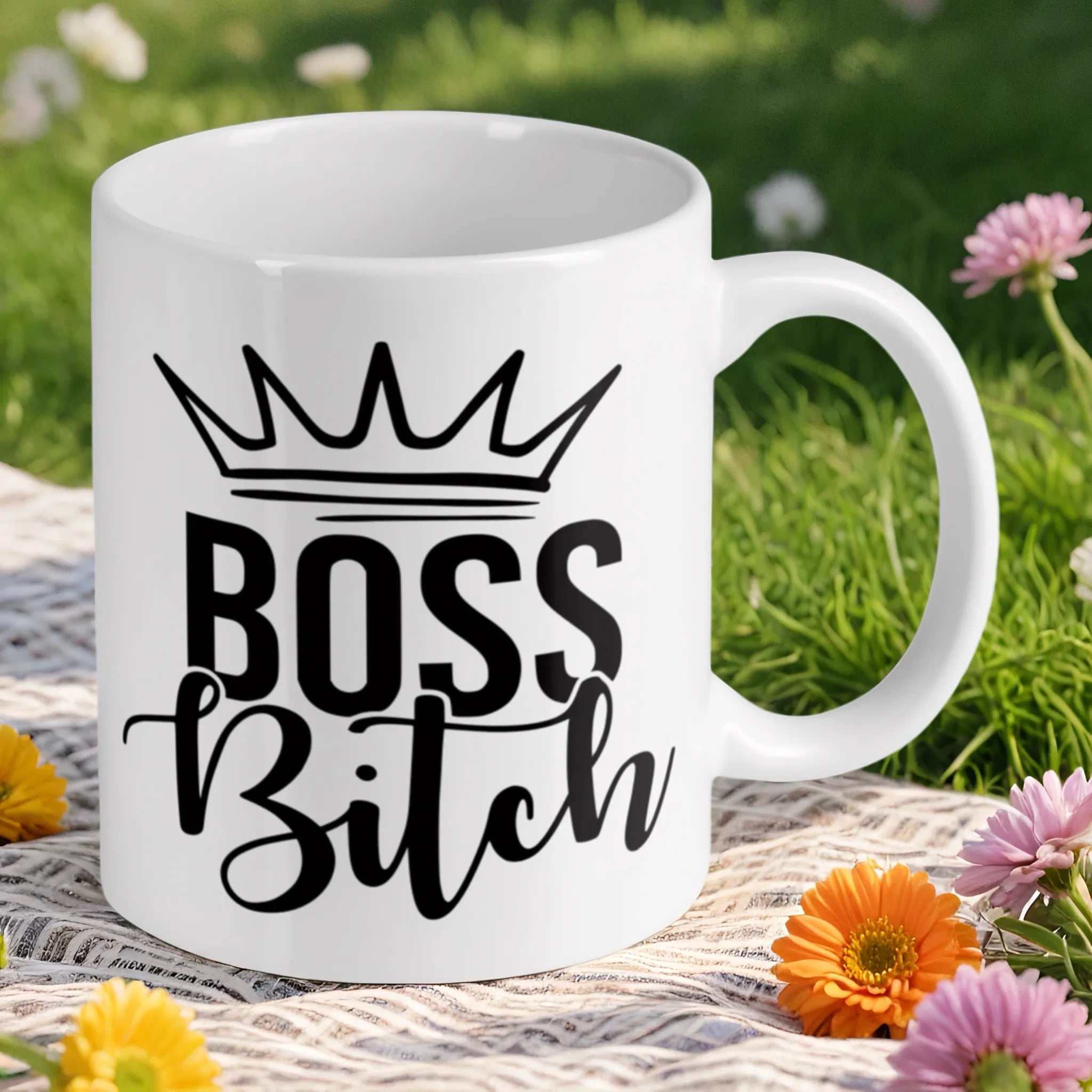 Reverse side of the 'Boss Bitch' with Crown ceramic mug, showcasing the wrap-around artwork by Laser Design Creations.