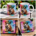 Sarcastic 'Breaking News I Don't Care' horse mug and coaster combo gift set collage, showing the laughing horse against a colourful background, by Laser Design Creations.