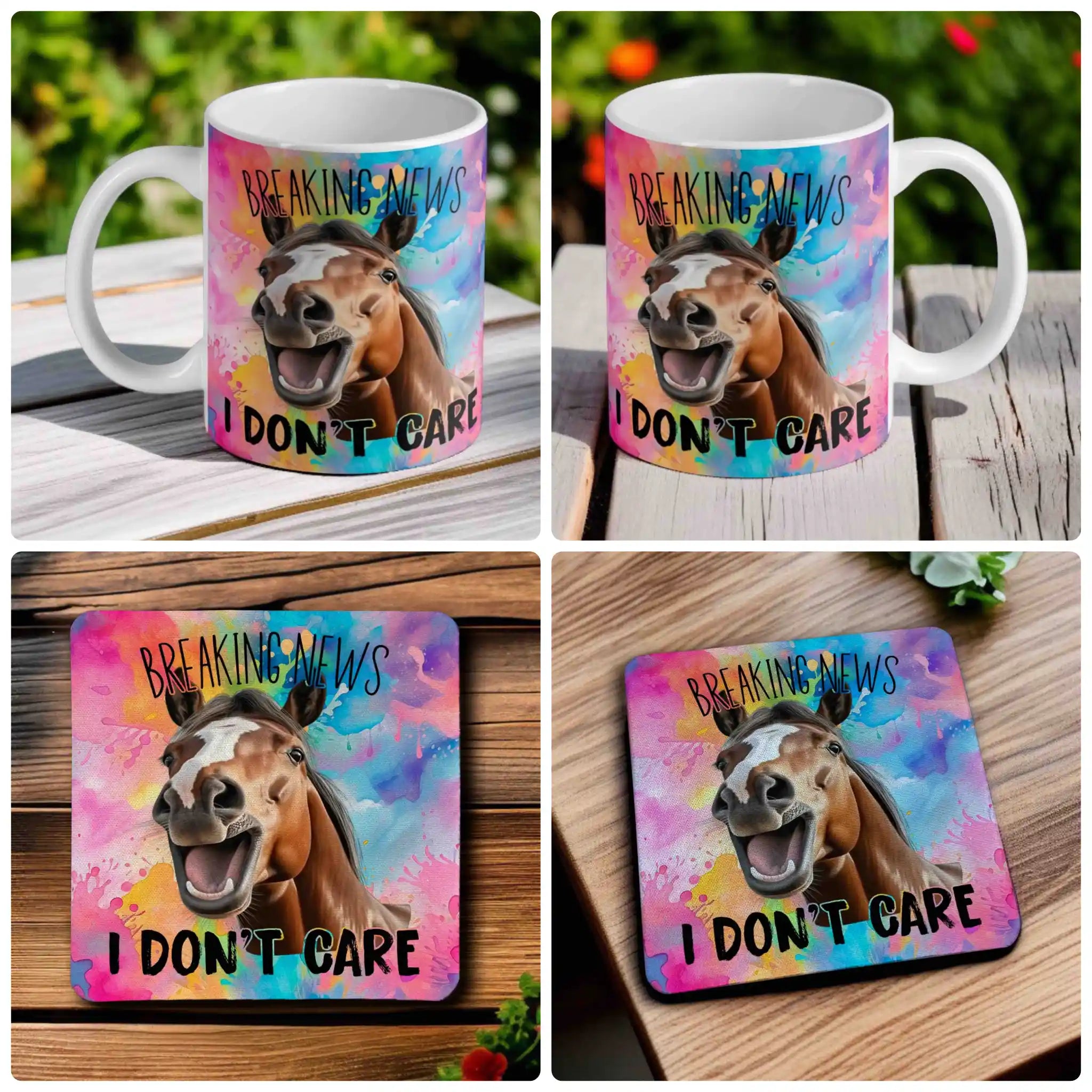 Sarcastic 'Breaking News I Don't Care' horse mug and coaster combo gift set collage, showing the laughing horse against a colourful background, by Laser Design Creations.