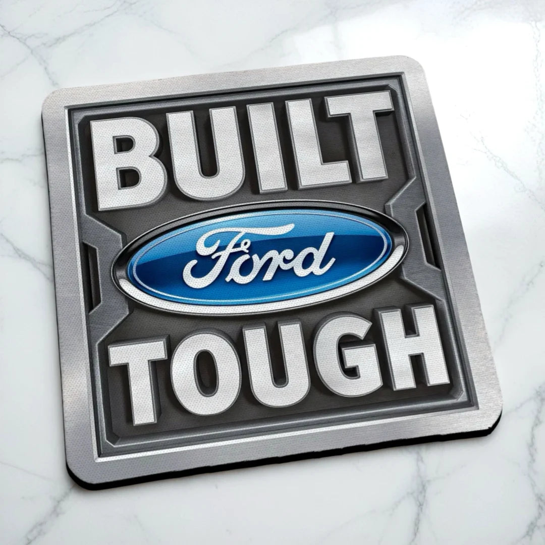 Side view of Built Ford Tough neoprene coaster with a classic car brand logo, by Laser Design Creations.