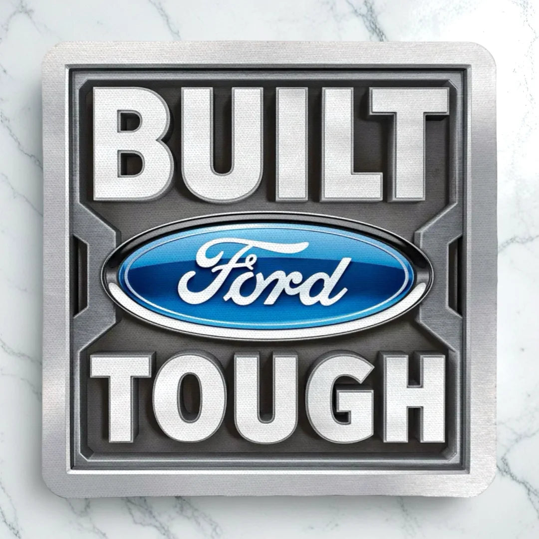 Top view of Built Ford Tough neoprene coaster with a bold automotive emblem, by Laser Design Creations.