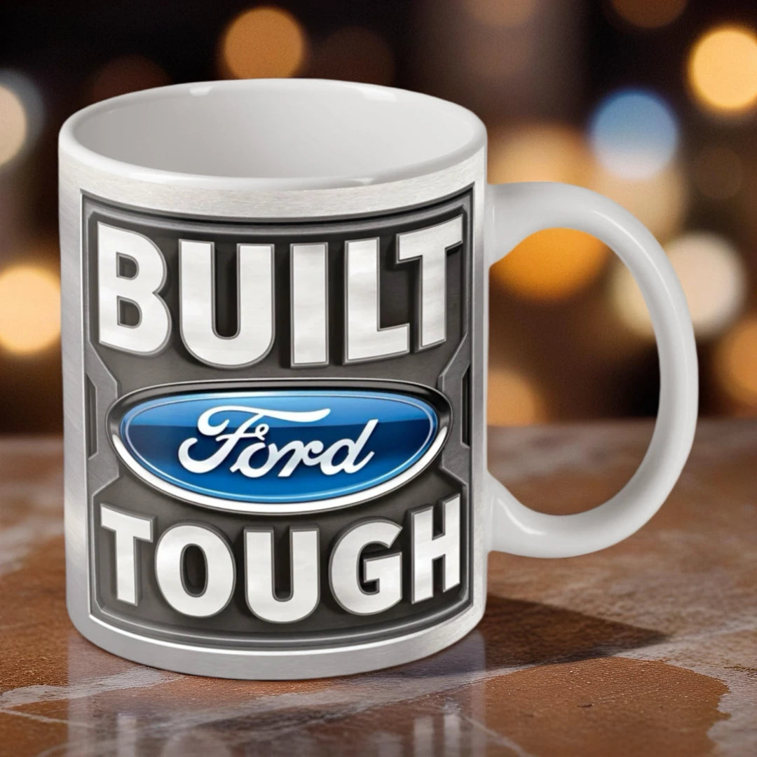 Reverse side of Built Ford Tough mug, classic automotive style logo by Laser Design Creations.