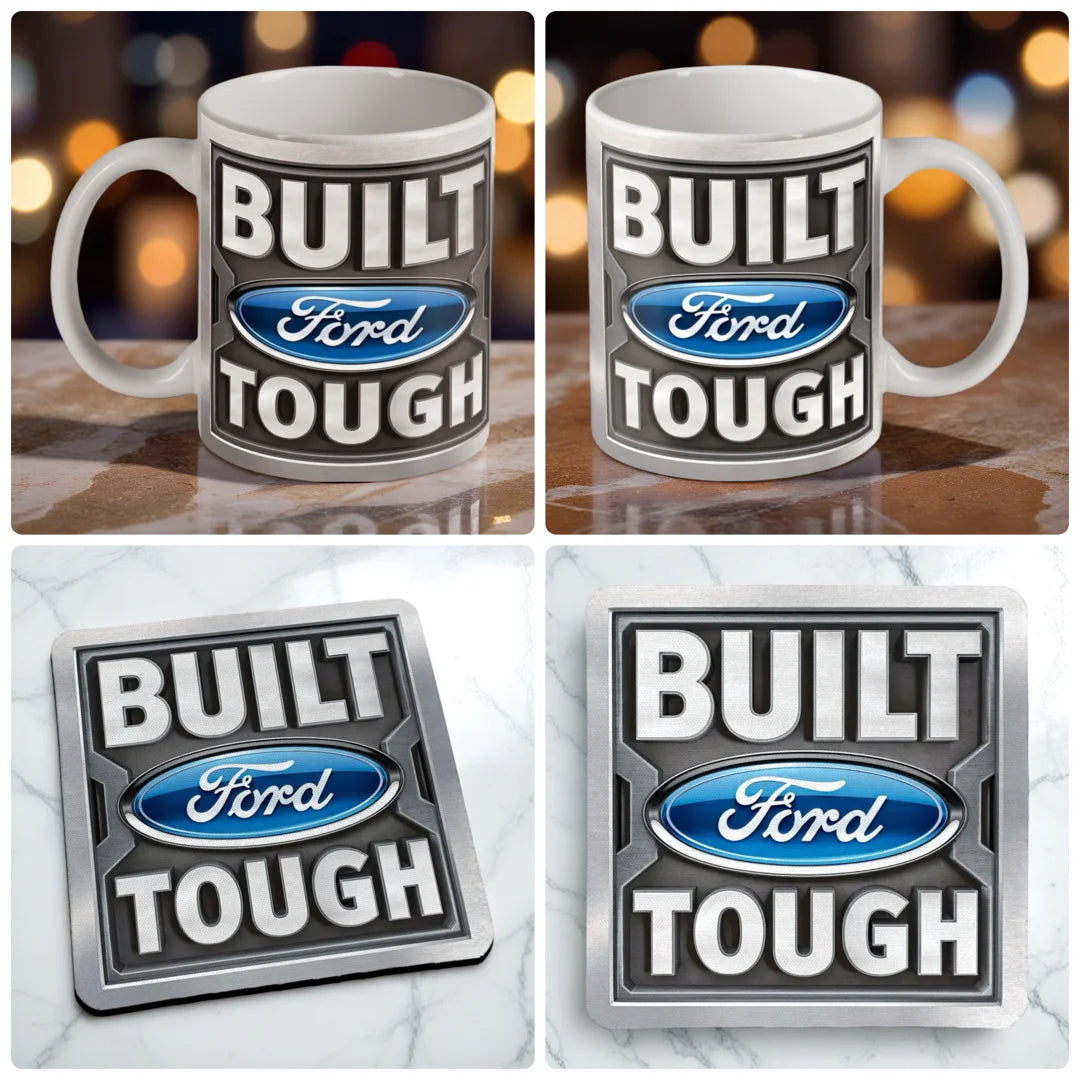 Built Ford Tough mug and coaster combo gift set collage, classic automotive enthusiast theme, by Laser Design Creations.