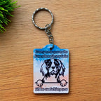 Every Move You Make Cavalier keyring by Laser Design Creations, featuring a funny watercolour Cavalier King Charles Spaniel illustration and the quote Every move you make Every breath you take I'll be watching you on a simple background.