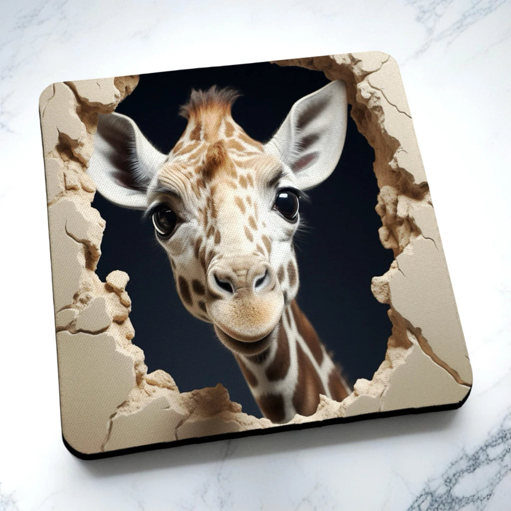 Side view of Cute Giraffe Head 3D Crack Effect neoprene coasters, showcasing the hyper-realistic hole in the wall design by Laser Design Creations.