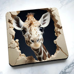 Side view of Cute Giraffe Head 3D Crack Effect neoprene coasters, showcasing the hyper-realistic hole in the wall design by Laser Design Creations.