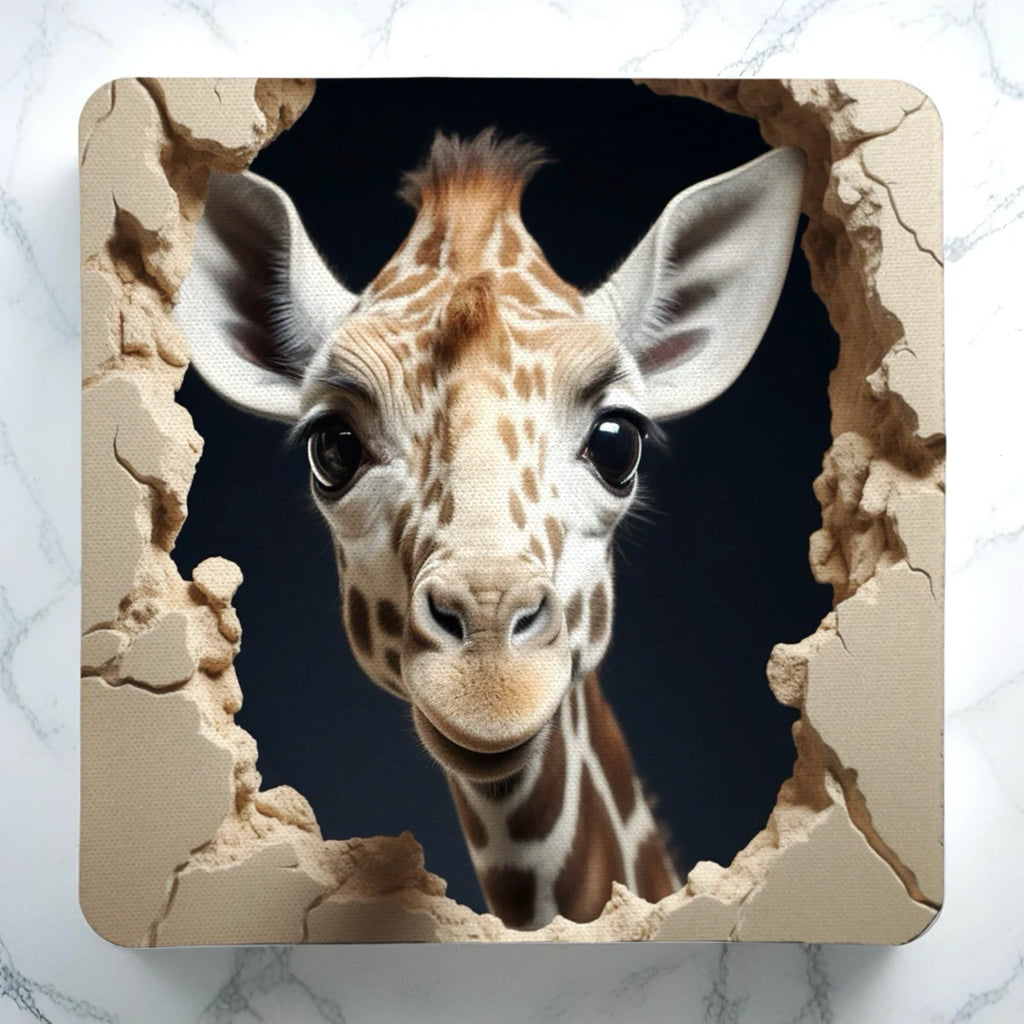 Charming Giraffe Head 3D Crack Effect neoprene coasters by Laser Design Creations, featuring a hyper-realistic 3D illusion of a giraffe bursting through a cracked wall.