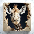Charming Giraffe Head 3D Crack Effect neoprene coasters by Laser Design Creations, featuring a hyper-realistic 3D illusion of a giraffe bursting through a cracked wall.