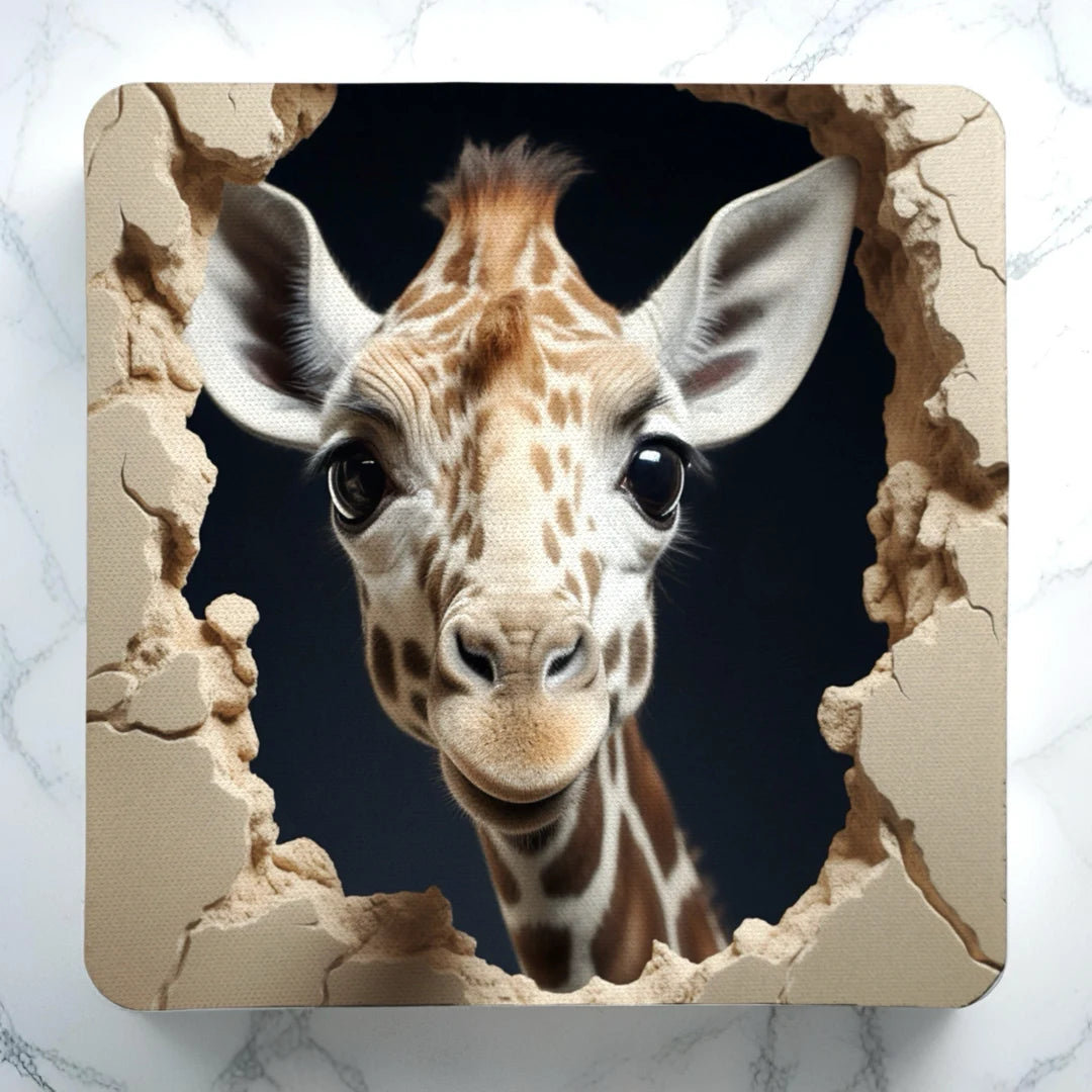 Charming Giraffe Head 3D Crack Effect neoprene coasters by Laser Design Creations, featuring a hyper-realistic 3D illusion of a giraffe bursting through a cracked wall.