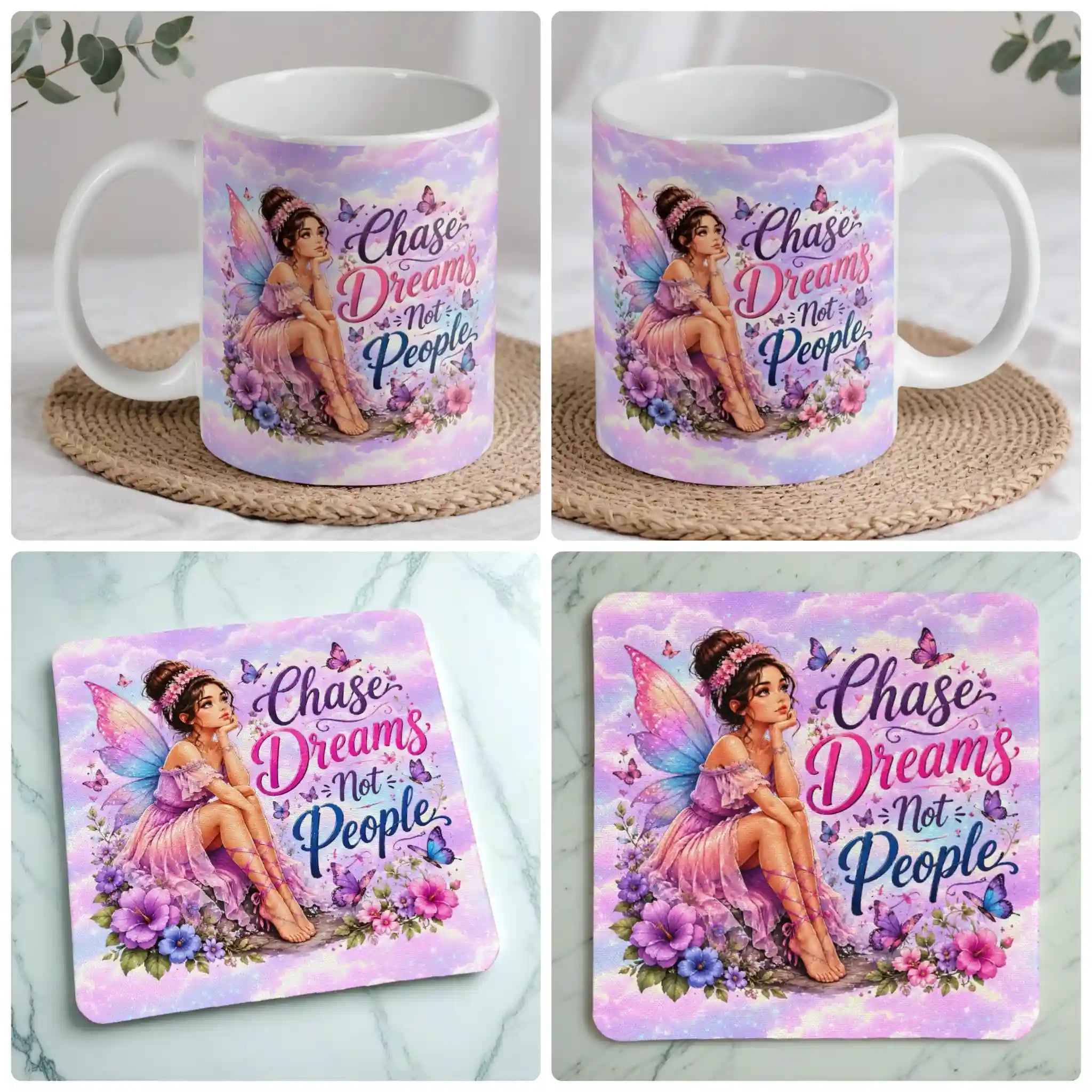 Chase Dreams Not People Fairy mug and coaster combo gift set collage, featuring a whimsical fairy in a pastel fantasy background, by Laser Design Creations.