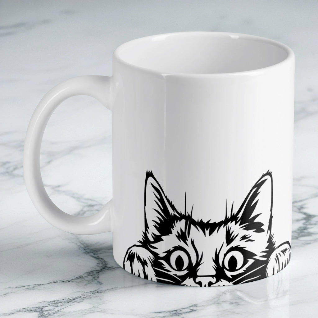 Cheeky Peeking Cat ceramic mug by Laser Design Creations, featuring a minimalist funny cat design on a white background.