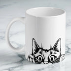 Cheeky Peeking Cat ceramic mug by Laser Design Creations, featuring a minimalist funny cat design on a white background.