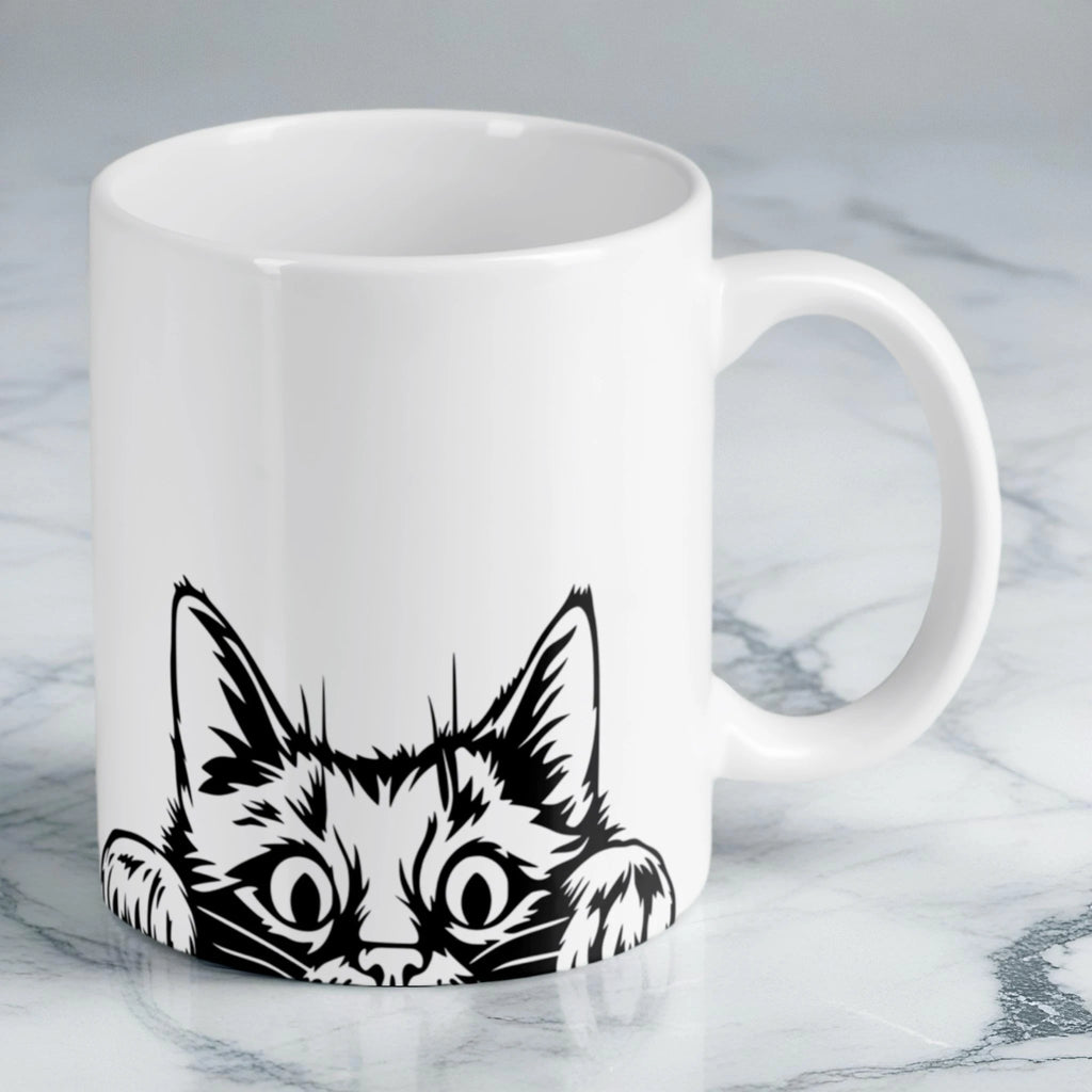 Reverse side of Cheeky Peeking Cat ceramic mug, showcasing the wrap-around artwork by Laser Design Creations.