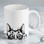 Reverse side of Cheeky Peeking Cat ceramic mug, showcasing the wrap-around artwork by Laser Design Creations.