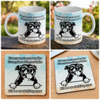 Cheeky Staffy "I'll Be Watching You" mug and coaster combo gift set collage, featuring a dog with a funny expression and quote, by Laser Design Creations.