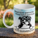 Cheeky Staffy "I'll Be Watching You" ceramic mug by Laser Design Creations, featuring a Staffy face with its tongue out and a funny text overlay.