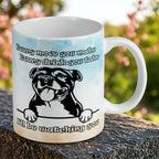 Reverse side of Cheeky Staffy "I'll Be Watching You" mug, showing a Staffy face and text about watching you, by Laser Design Creations.