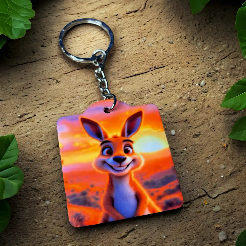 Side view of Cheerful Cartoon Kangaroo keyring, showcasing vibrant animated Australiana wildlife during a sunset by Laser Design Creations.