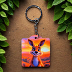 Cheerful Cartoon Kangaroo keyring by Laser Design Creations, featuring animated kangaroo art set against a vibrant sunset scene.
