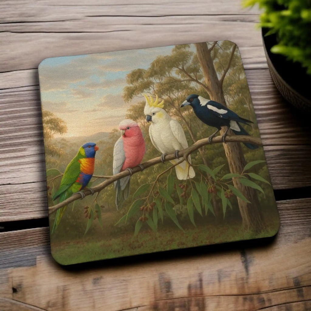 Side view of a set of four Australiana coasters, a perfect gift for bird watchers by Laser Design Creations.