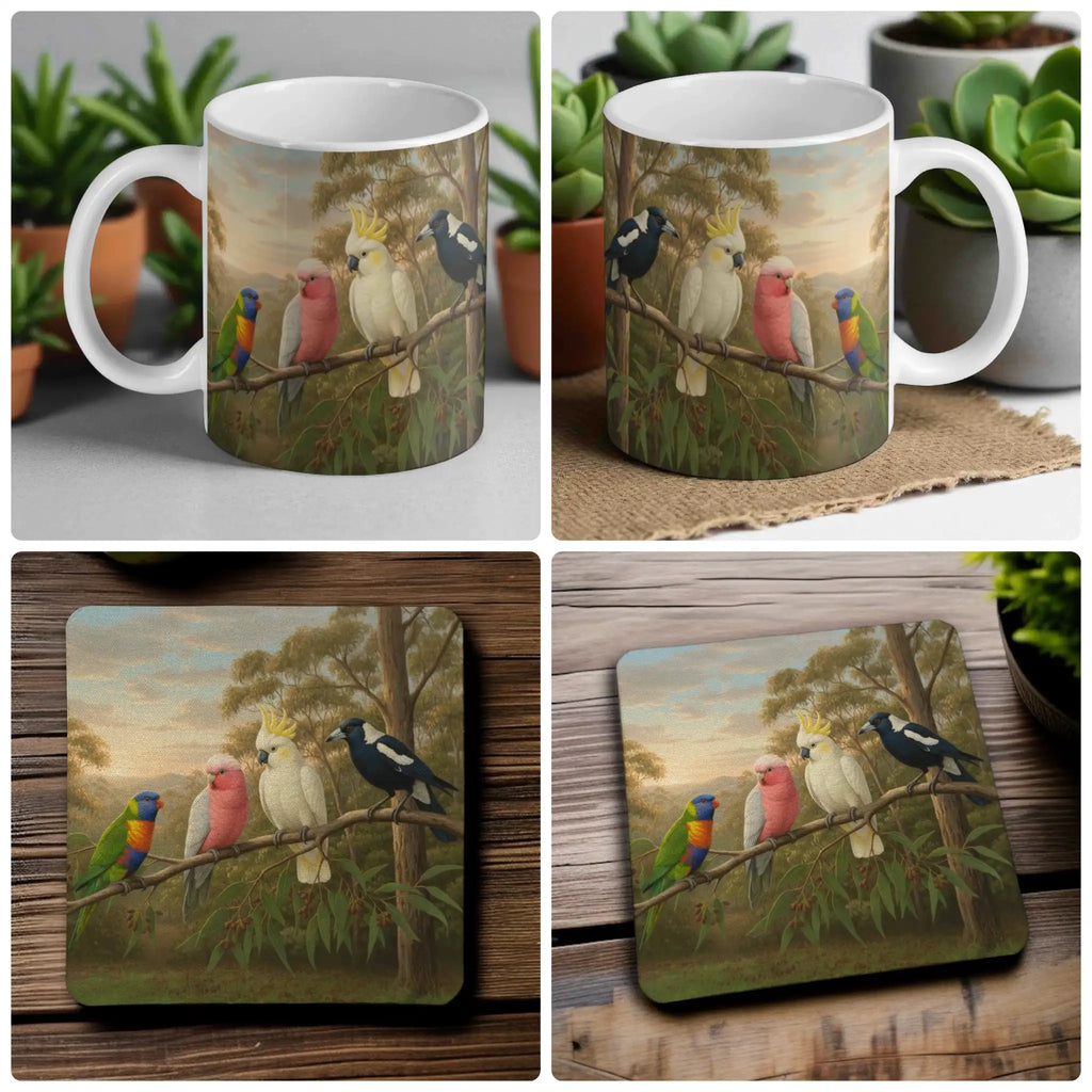 Classic Australiana Birds mug and coaster combo gift set collage, featuring four native birds in a bushland setting, by Laser Design Creations.