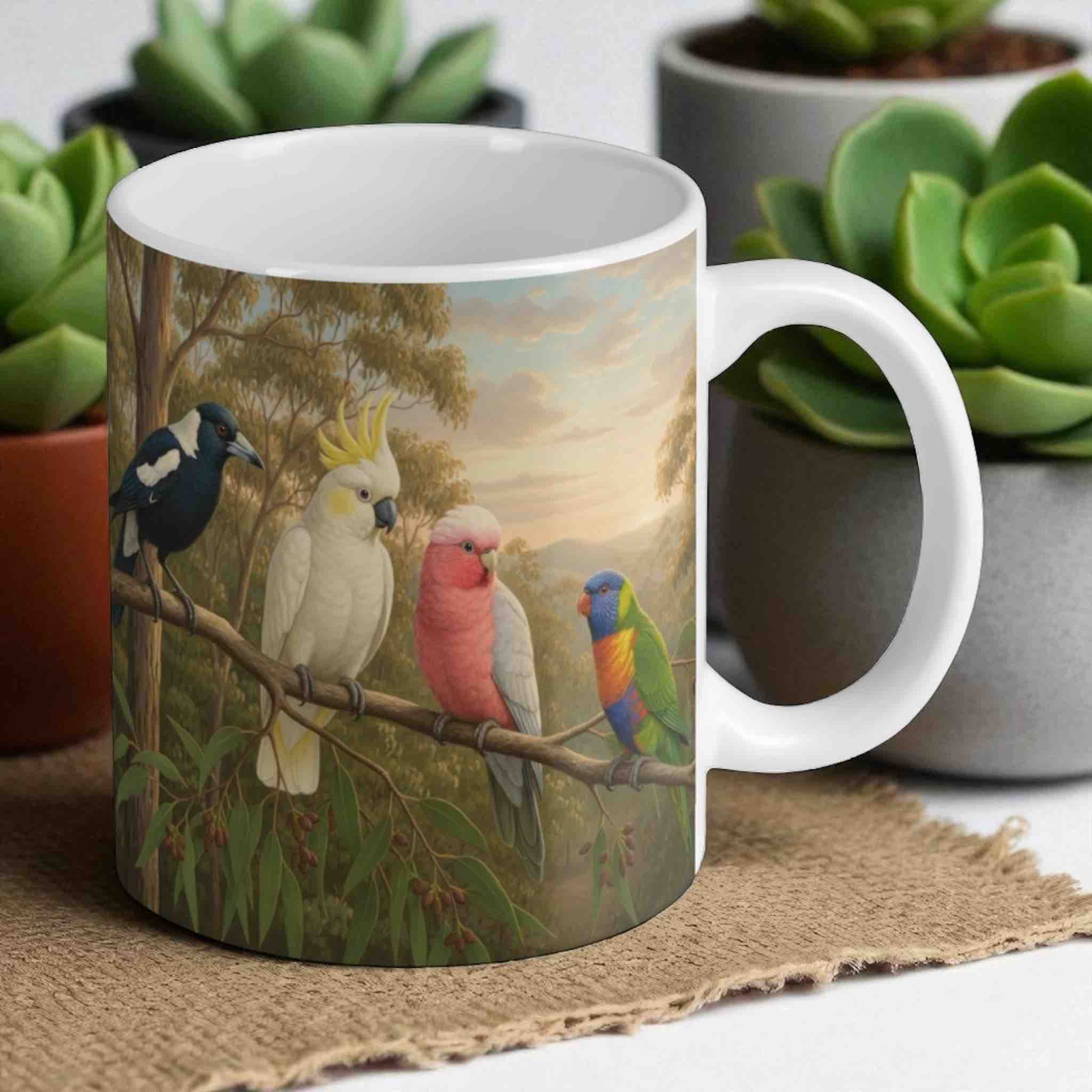 Reverse side of the Classic Australiana Birds mug, showing the beautiful painterly artwork of native birds, by Laser Design Creations.