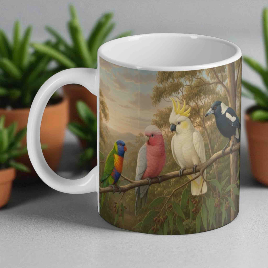Classic Australiana Birds ceramic mug by Laser Design Creations, featuring a Lorikeet, Galah, Cockatoo, and Magpie in a bushland scene.