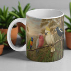 Classic Australiana Birds ceramic mug by Laser Design Creations, featuring a Lorikeet, Galah, Cockatoo, and Magpie in a bushland scene.