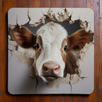 Clever 3D Peekaboo Cow neoprene coasters by Laser Design Creations, featuring a playful 3D optical illusion of a cow peeking through a cracked rustic farmhouse wall.