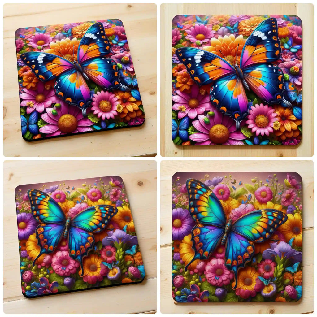 Lifestyle collage image of the Colourful Butterfly Garden neoprene coasters, printed by Australian small business Laser Design Creations.