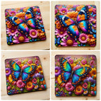 Lifestyle collage image of the Colourful Butterfly Garden neoprene coasters, printed by Australian small business Laser Design Creations.