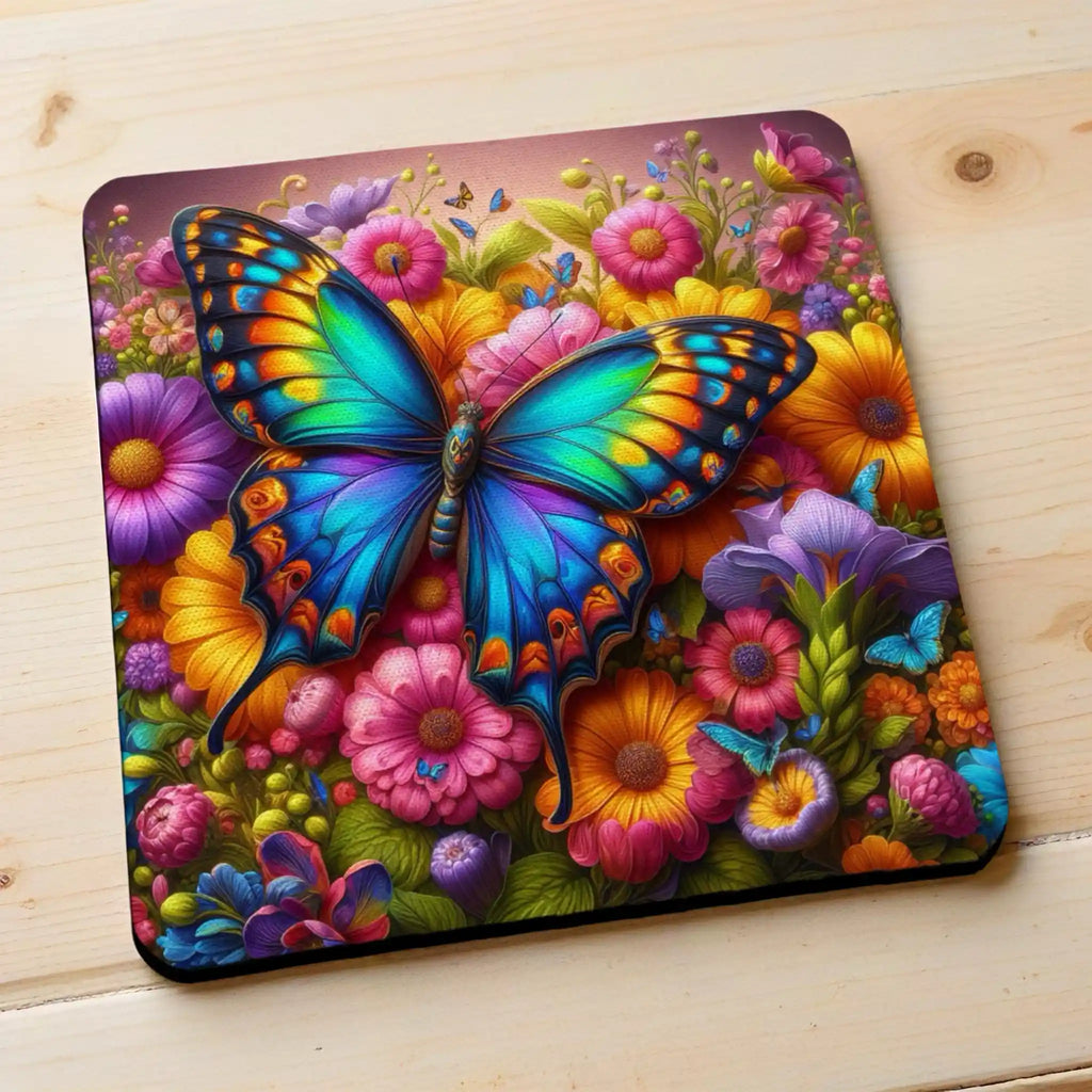 Side view of Colourful Butterfly Garden Style 2 neoprene coasters, showcasing vibrant, whimsical 3D effect flowers and butterflies in a beautiful garden by Laser Design Creations.