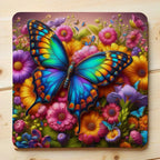 Colourful Butterfly Garden Style 2 neoprene coasters by Laser Design Creations, featuring a whimsical 3D effect design of vibrant garden flowers and fluttering butterflies.