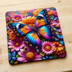 Side view of Colourful Butterfly Garden Style 1 neoprene coasters, showcasing vibrant, whimsical 3D effect flowers and butterflies in a beautiful garden by Laser Design Creations.
