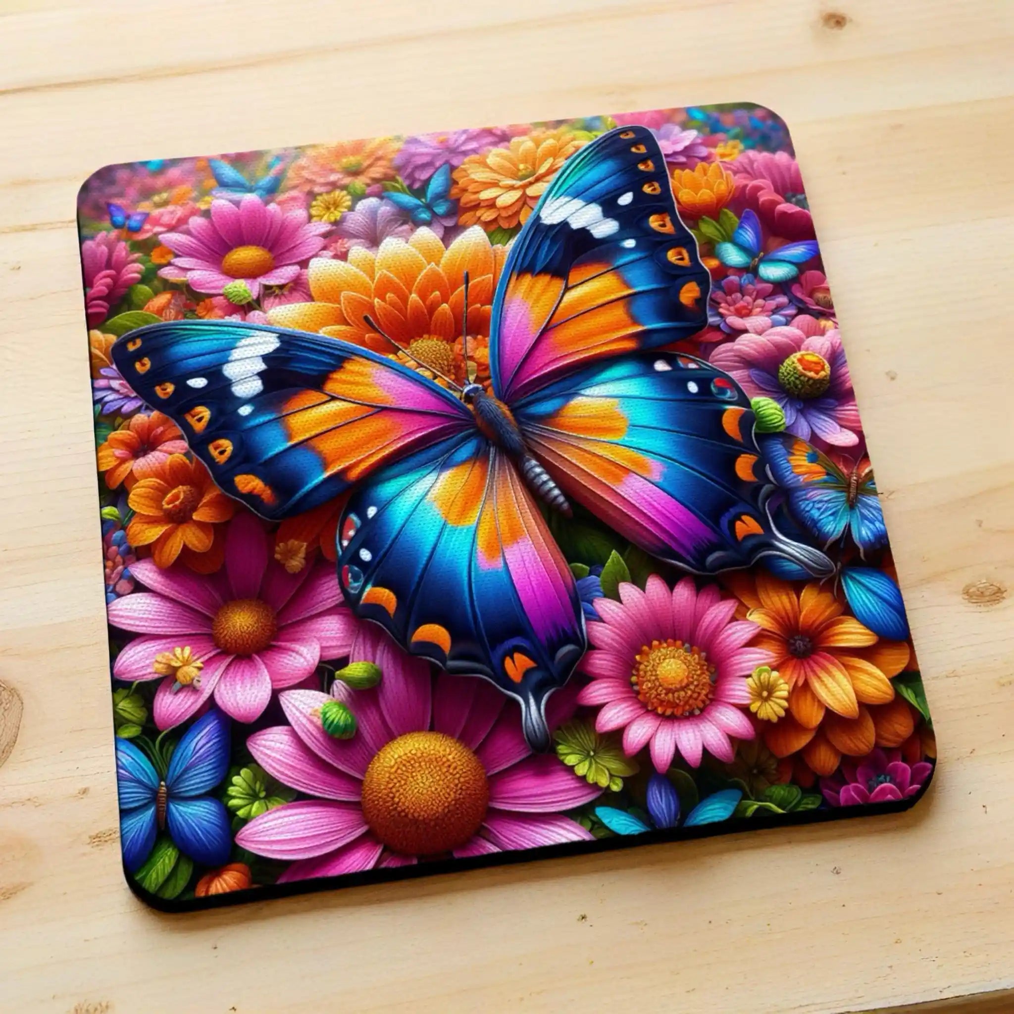 Side view of Colourful Butterfly Garden Style 1 neoprene coasters, showcasing vibrant, whimsical 3D effect flowers and butterflies in a beautiful garden by Laser Design Creations.