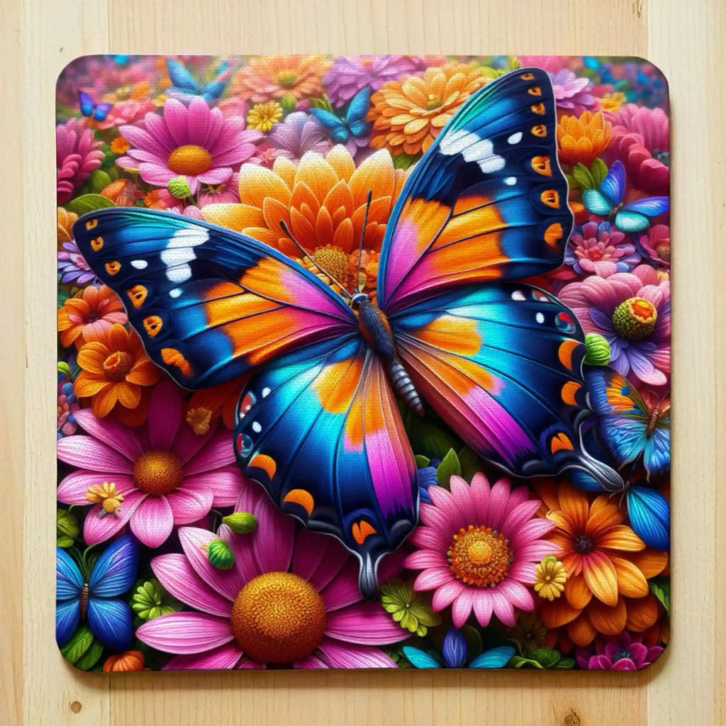 Colourful Butterfly Garden Style 1 neoprene coasters by Laser Design Creations, featuring a whimsical 3D effect design of vibrant garden flowers and fluttering butterflies.