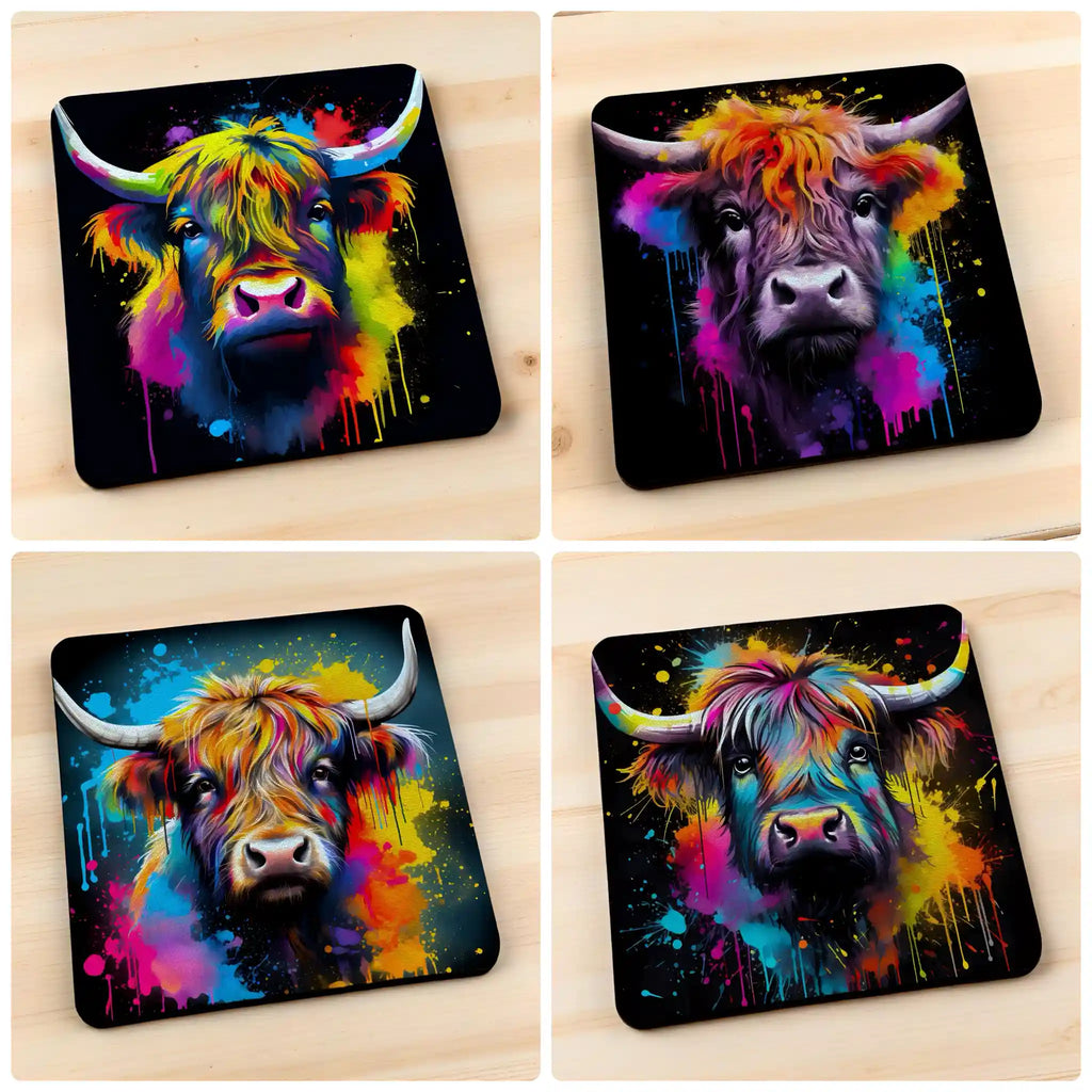 Lifestyle collage image of the Colour Splash Highland Cow neoprene coasters, printed by Australian small business Laser Design Creations.