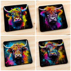 Lifestyle collage image of the Colour Splash Highland Cow neoprene coasters, printed by Australian small business Laser Design Creations.