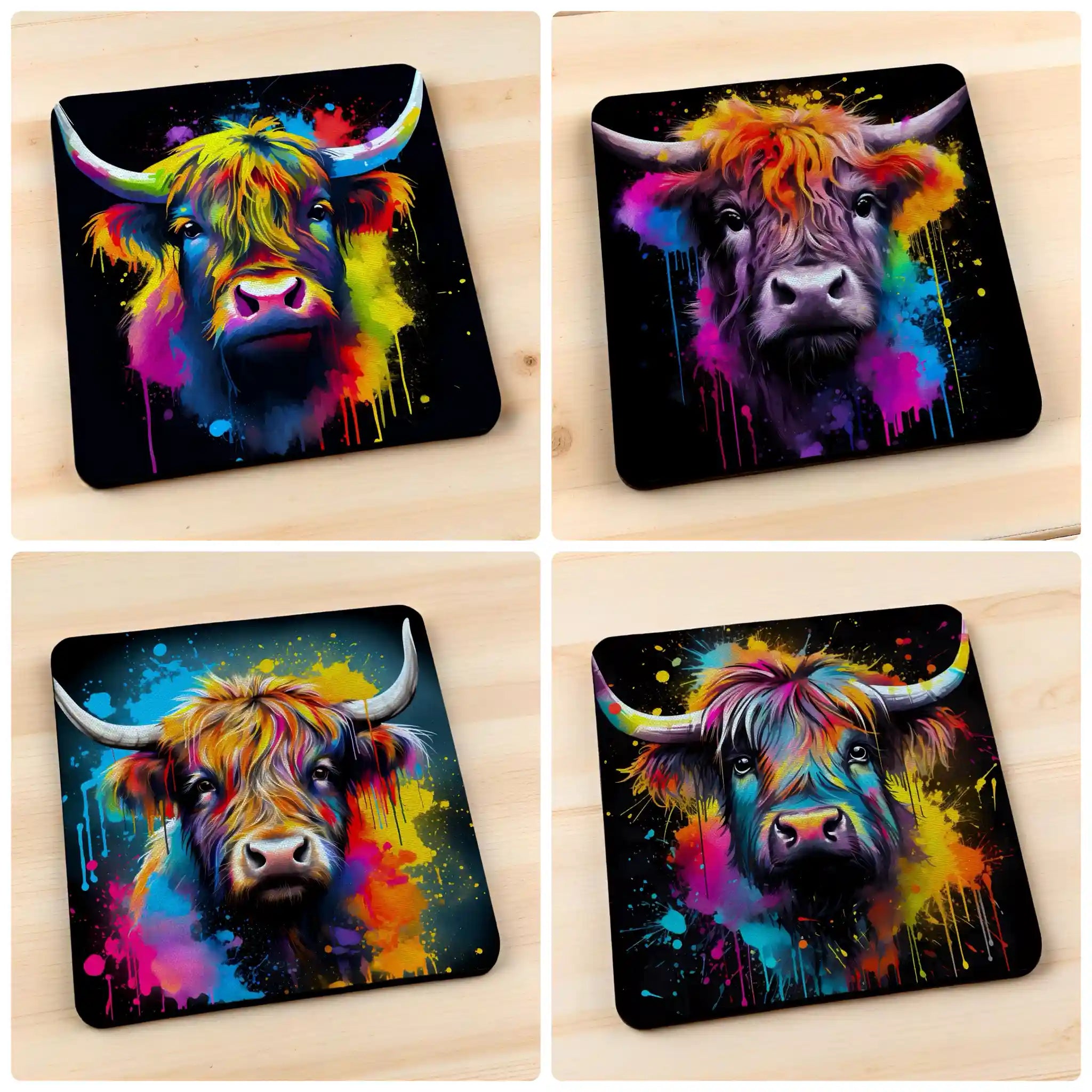 Lifestyle collage image of the Colour Splash Highland Cow neoprene coasters, printed by Australian small business Laser Design Creations.