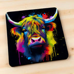 Side view of Colour Splash Highland Cow style 1 neoprene coasters, showcasing an artistic shaggy cow with vibrant paint splatters against a neutral background by Laser Design Creations.