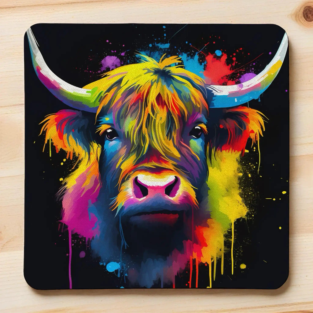 Colour Splash Highland Cow style 1 neoprene coasters by Laser Design Creations, featuring a majestic Scottish cow detailed with bright rainbow paint splashes on a clean background.