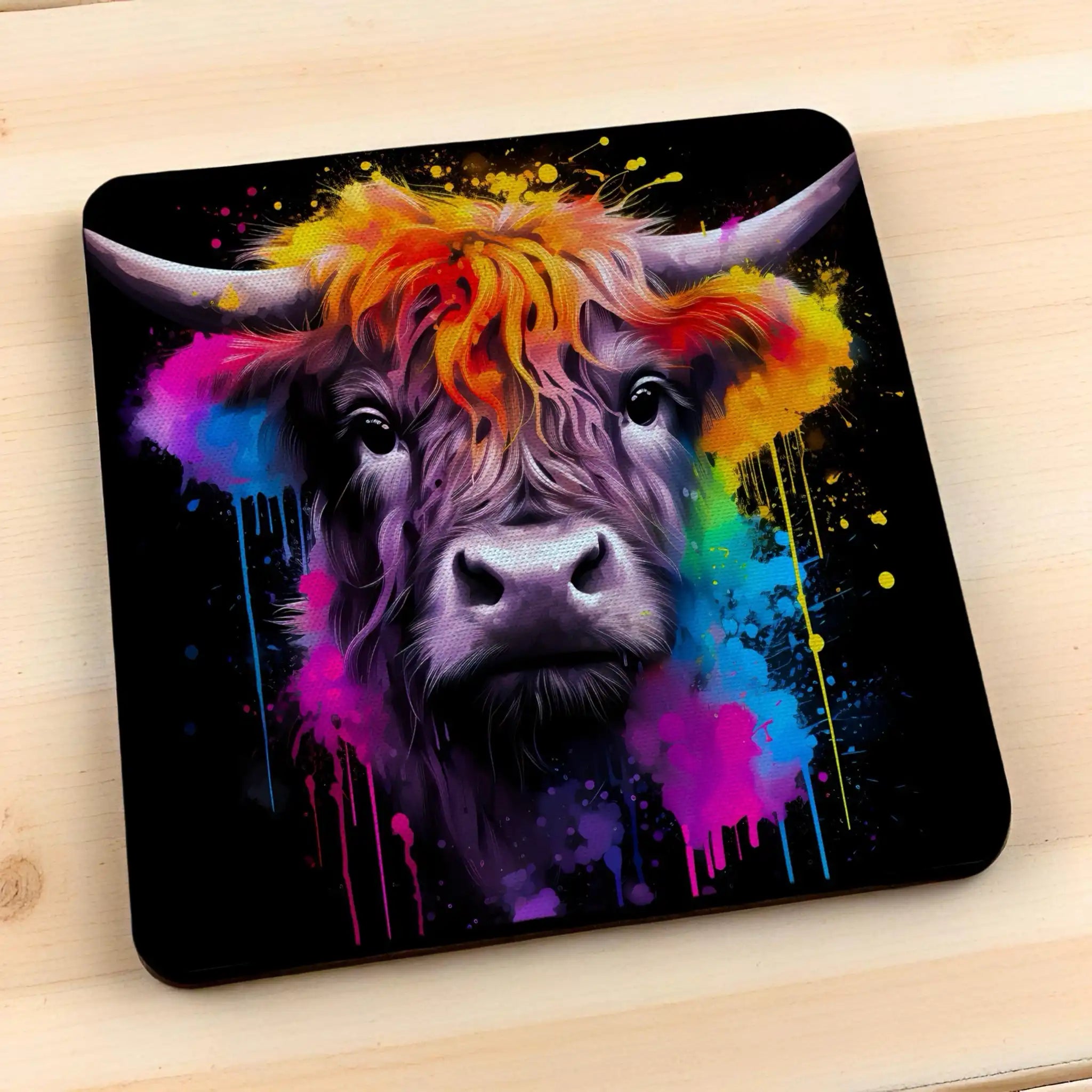 Side view of Colour Splash Highland Cow style 2 neoprene coasters, showcasing an artistic shaggy cow with vibrant paint splatters against a neutral background by Laser Design Creations.
