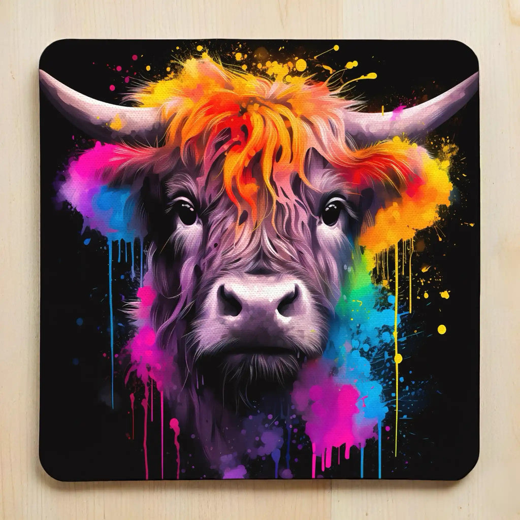 Colour Splash Highland Cow style 2 neoprene coasters by Laser Design Creations, featuring a majestic Scottish cow detailed with bright rainbow paint splashes on a clean background.