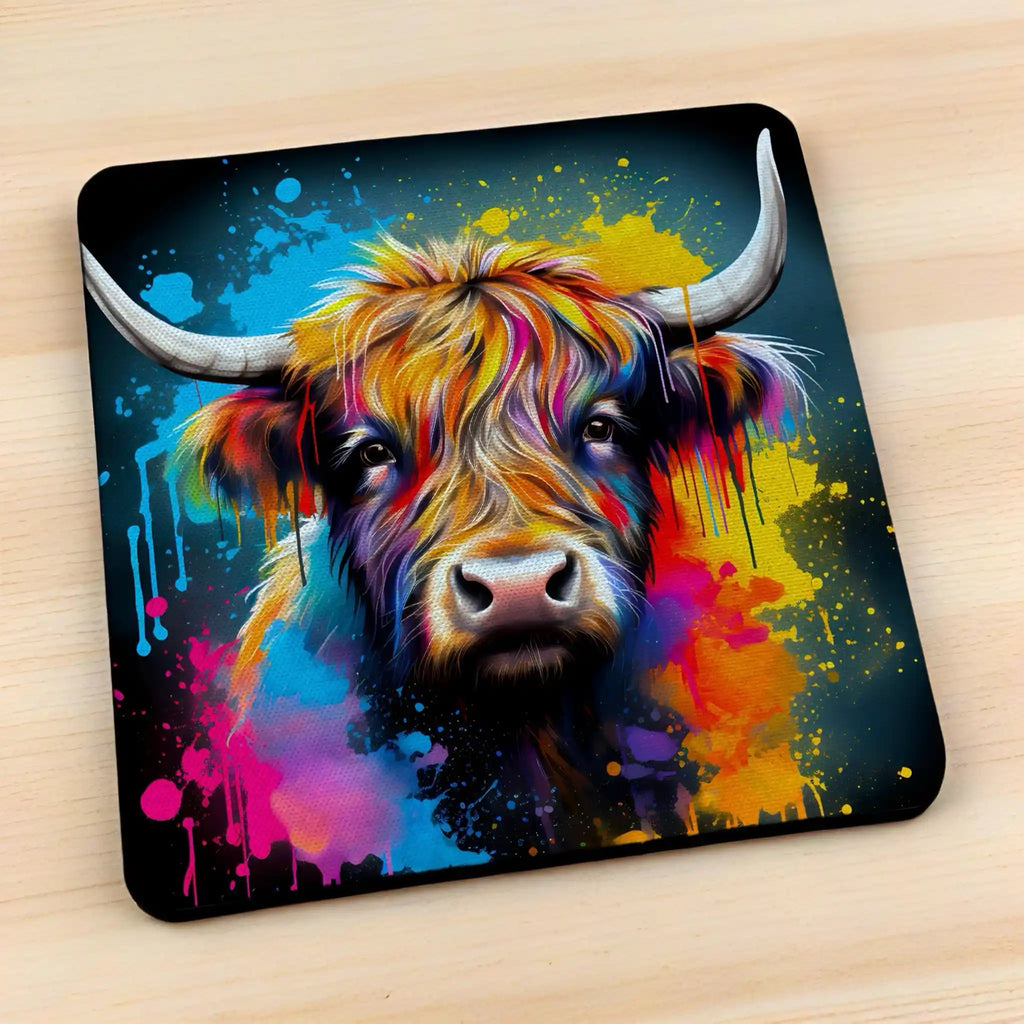Side view of Colour Splash Highland Cow style 3 neoprene coasters, showcasing an artistic shaggy cow with vibrant paint splatters against a neutral background by Laser Design Creations.