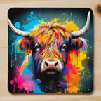 Colour Splash Highland Cow style 3 neoprene coasters by Laser Design Creations, featuring a majestic Scottish cow detailed with bright rainbow paint splashes on a clean background.